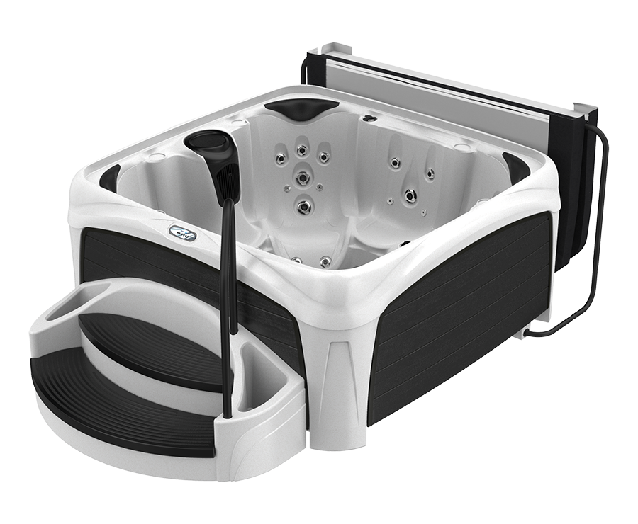 Hot tub with integrated steps and a cover, white and black design.