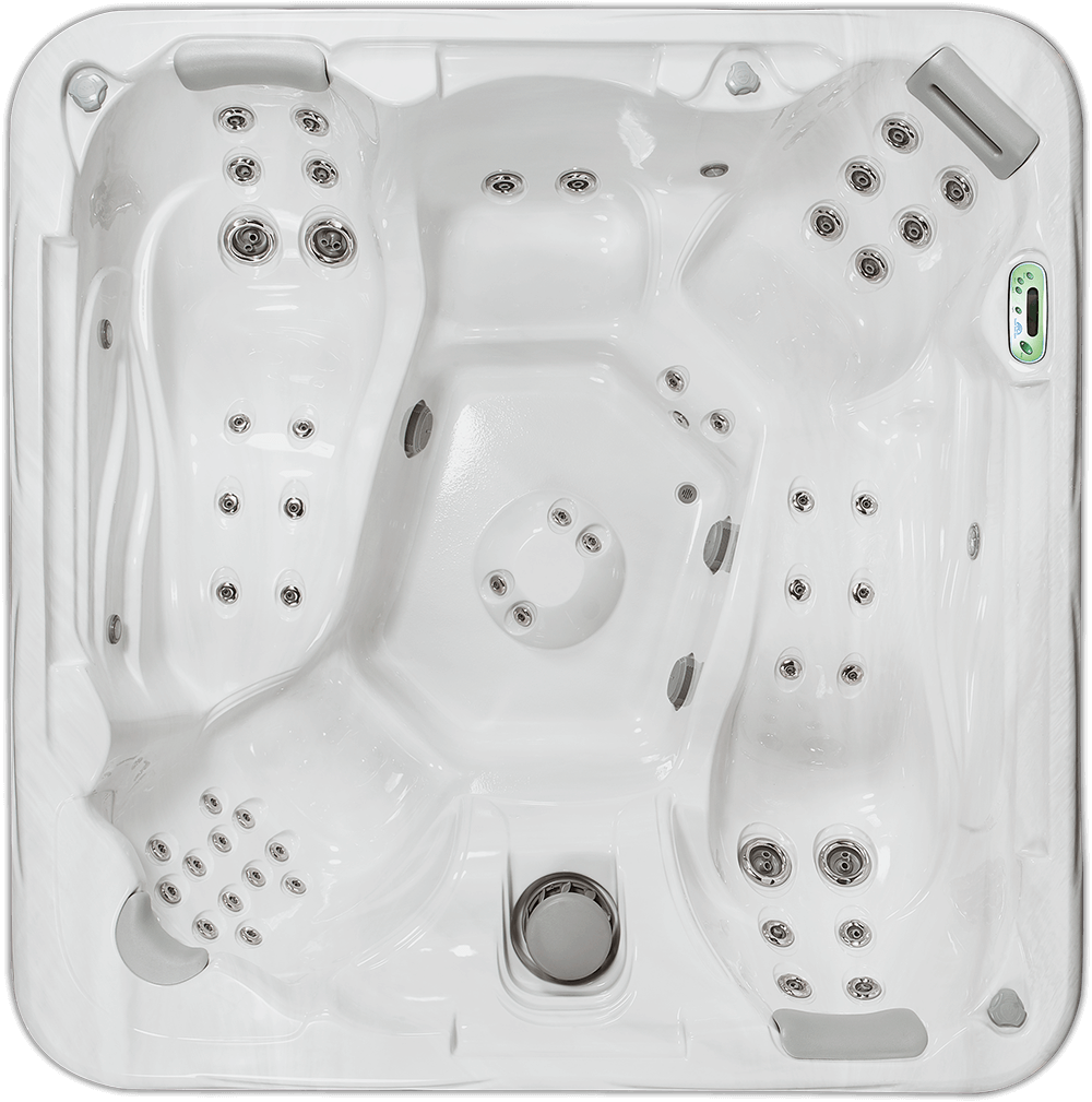White, square hot tub with multiple seating areas and jets. Control panel visible.