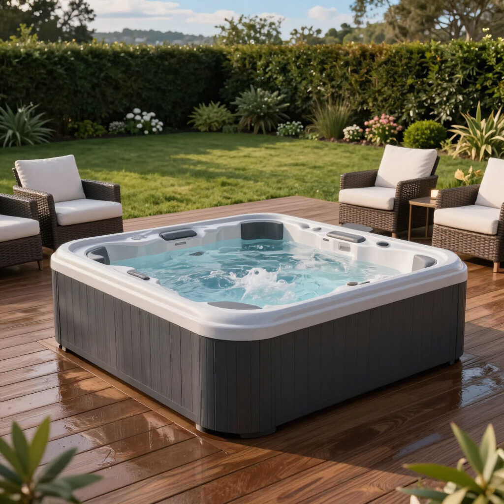 Square hot tub bubbling on a wooden deck in a landscaped garden, with lounge chairs around it.