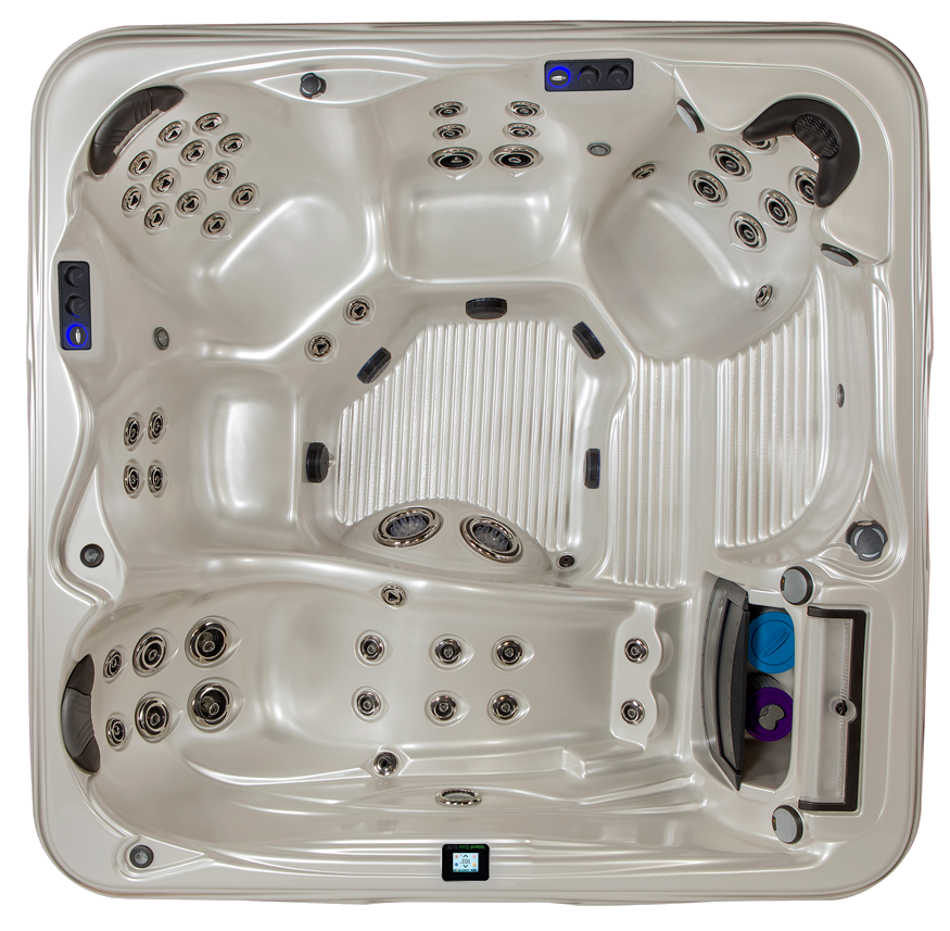 Overhead view of a beige square hot tub with multiple seating areas and jets.