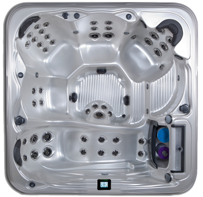 A gray, square hot tub with multiple seating areas and jets.