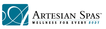 Logo for Artesian Spas, turquoise square with white swirls, text: Artesian Spas, Wellness for Every Body.