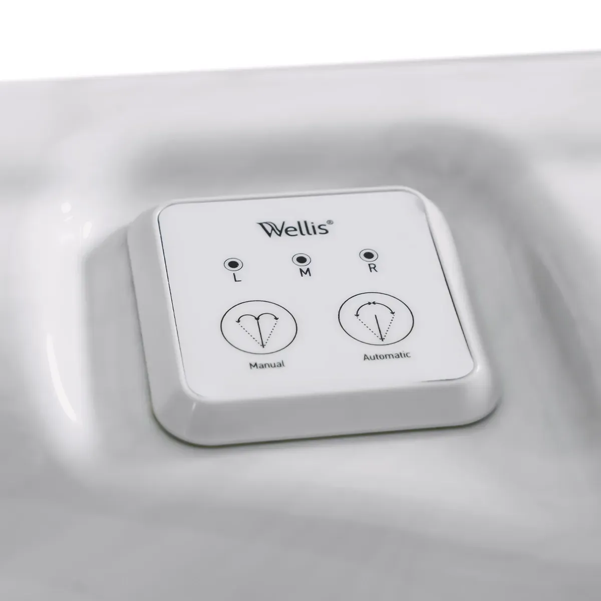 White spa control panel with Wellis logo, buttons for manual and automatic functions.