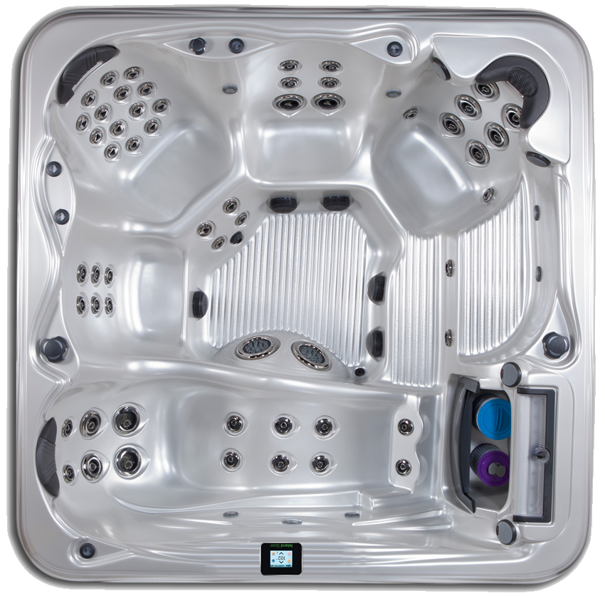 Top-down view of a rectangular, silver-colored hot tub with multiple seating areas and jets.