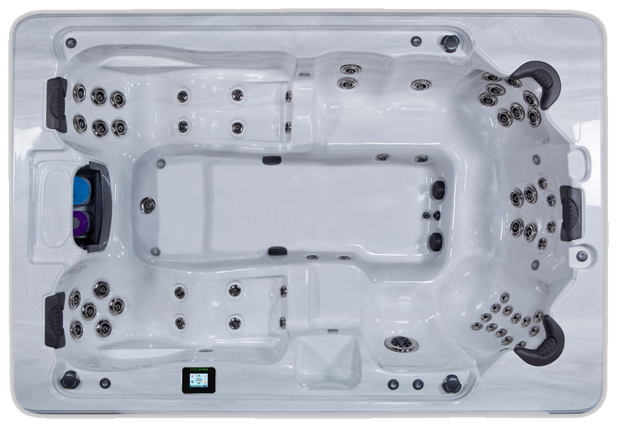 Overhead view of a white rectangular hot tub with various jets, controls, and seating.