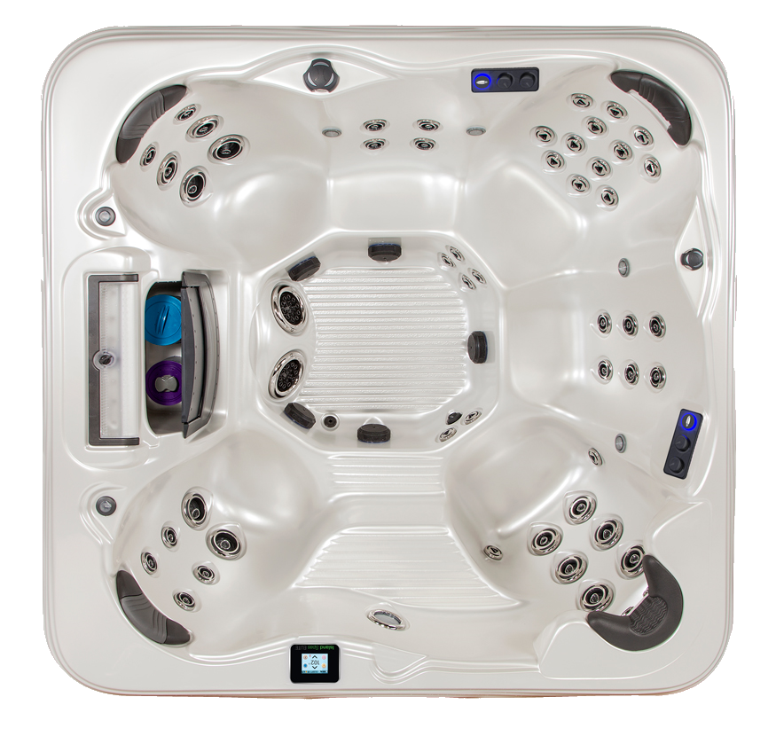 Overhead view of a square, white hot tub with multiple seating areas and jets.