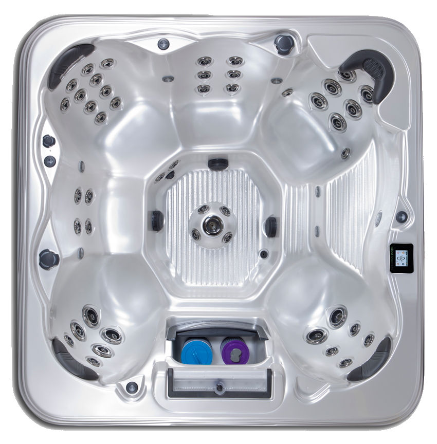 Overhead view of a square, silver hot tub with multiple seating areas and jets.