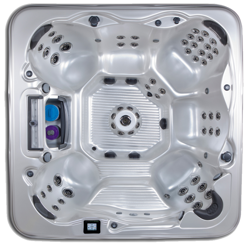 Overhead view of a silver square hot tub with multiple jet seats and a control panel.