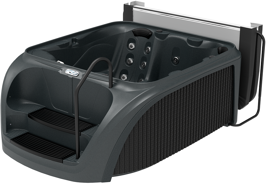 Dark gray hot tub with steps and handrail, built-in cover, black textured siding.