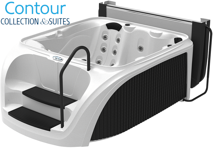 White and black hot tub with integrated steps and a cover.
