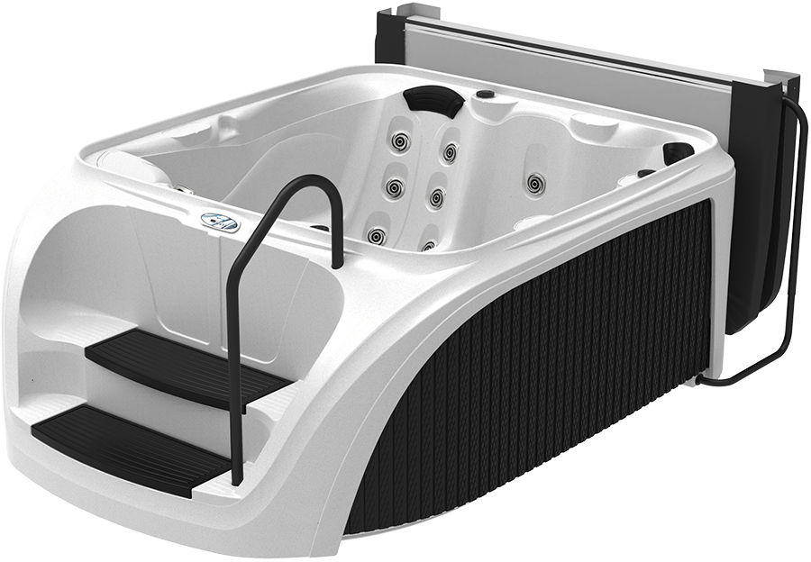 A white and black hot tub with built-in steps and a cover.