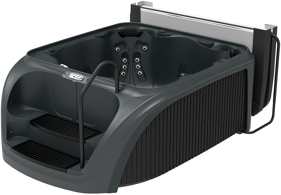Dark gray hot tub with built-in steps and cover, against a black ribbed panel.