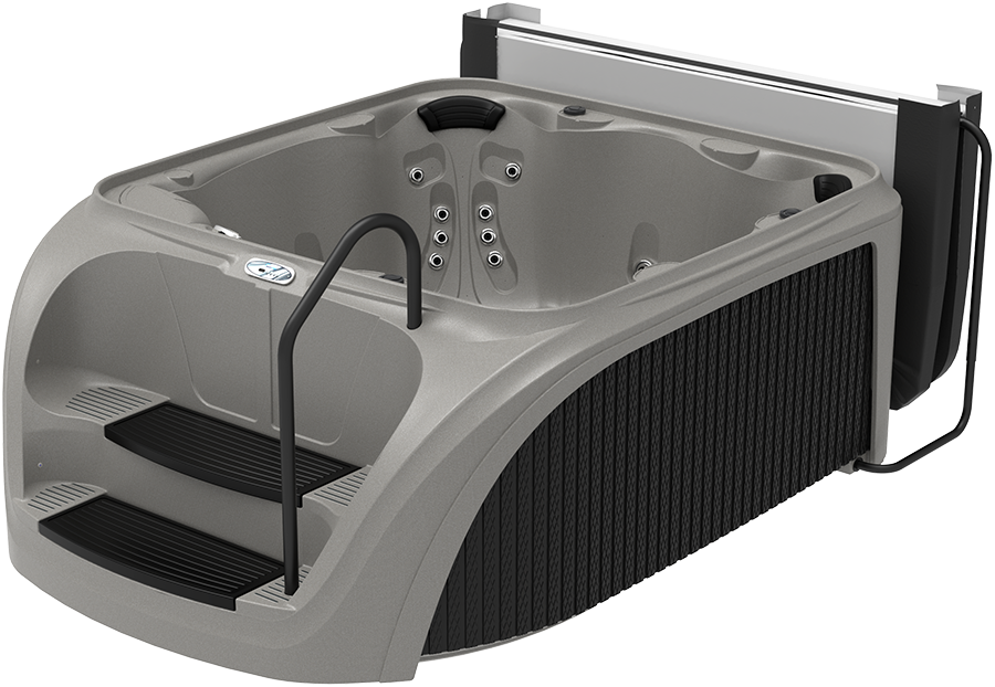 Gray hot tub with built-in steps and handrail; black side paneling and cover.