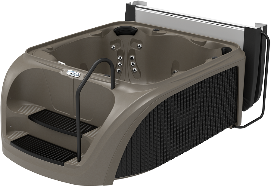 Tan hot tub with black steps and a cover lifter.