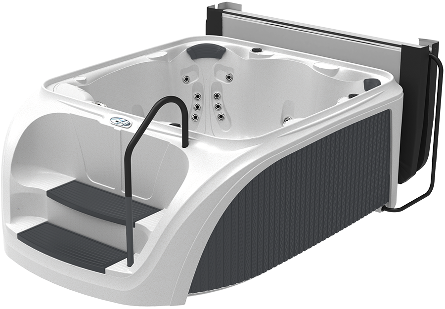 White hot tub with gray steps, handrail, and side panels; cover open on the side.