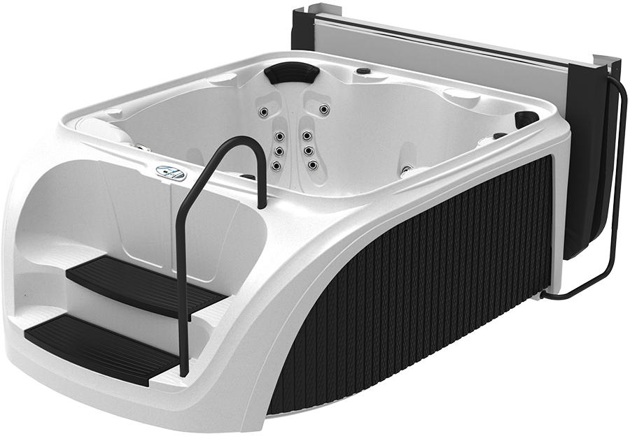 White and black hot tub with integrated steps, handrail, and cover.