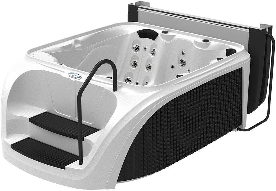 A white and black hot tub with built-in steps and a cover.