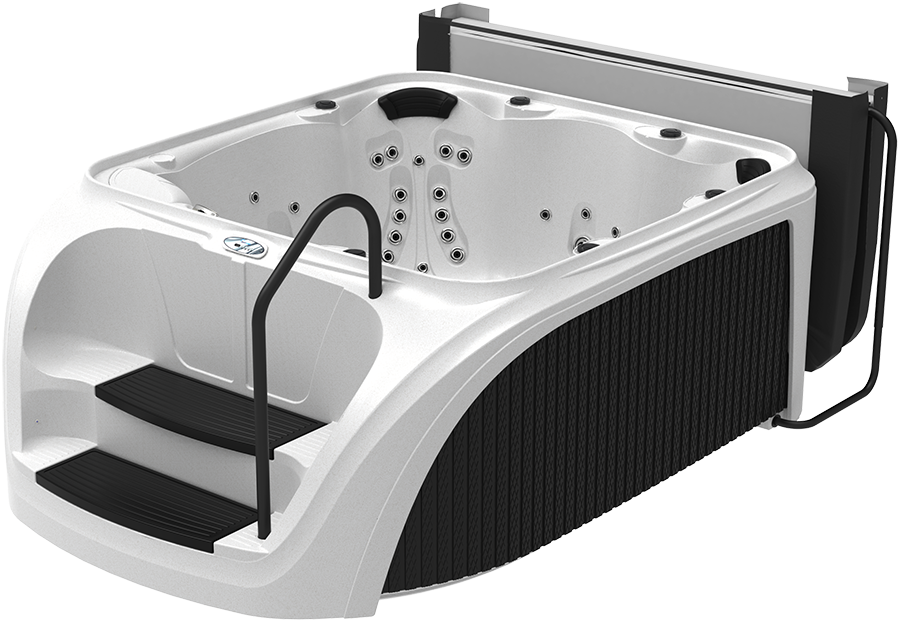 Hot tub with built-in steps and handrail; black and white. Cover is open.