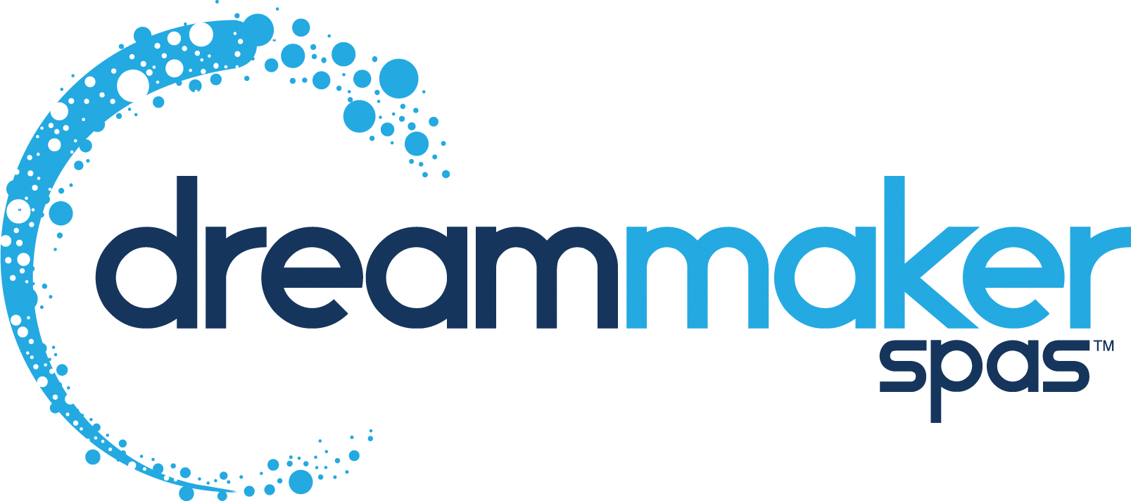 Dreammaker Spas logo with blue bubble arc and dark blue 