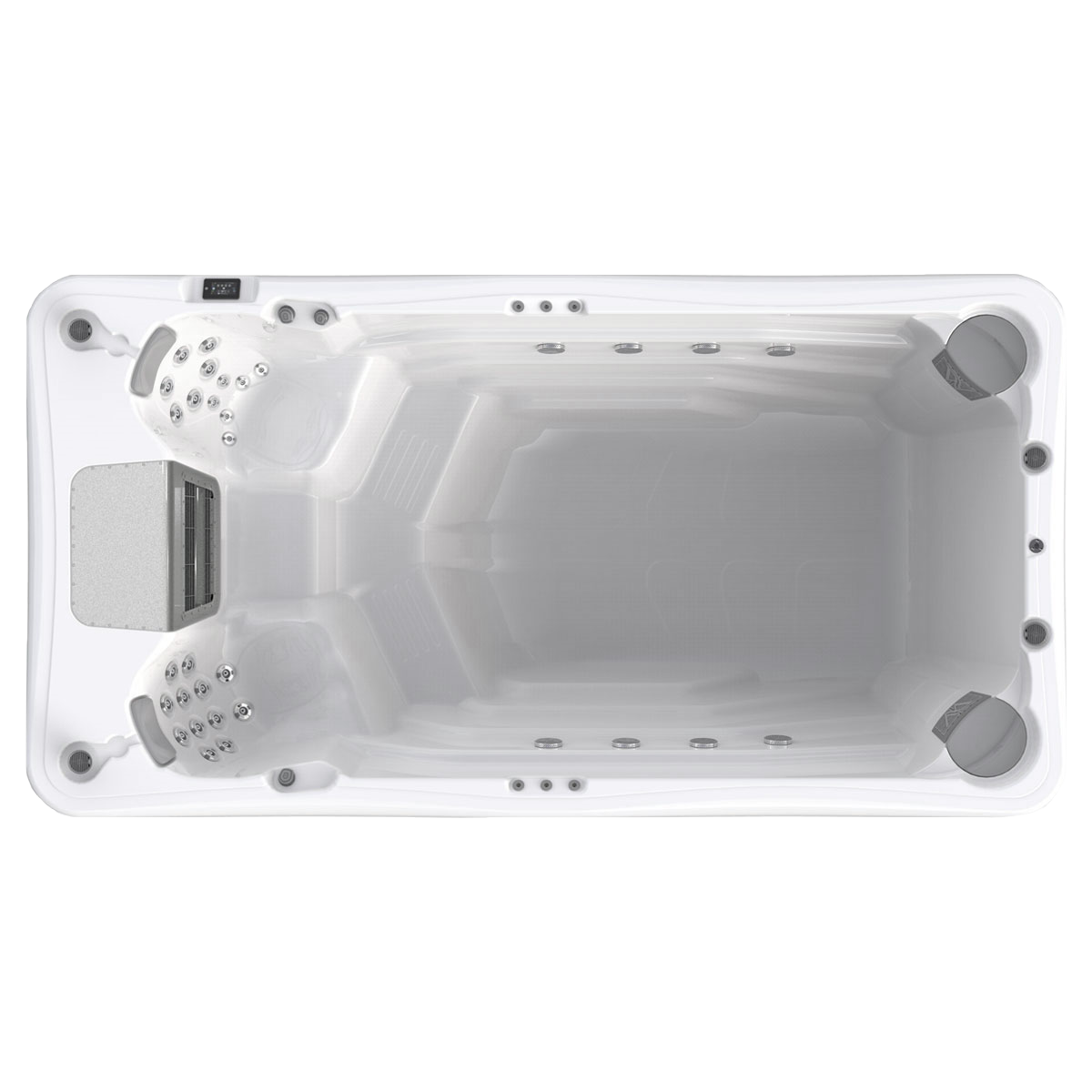 Overhead view of a rectangular, white swim spa with multiple jets and seating areas.
