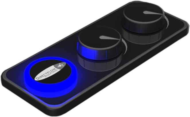 Black device with two knobs and one lit button, emitting blue light. The button displays a logo.