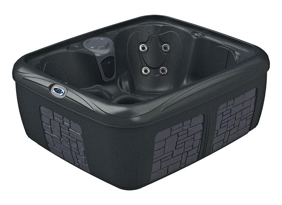 Black hot tub with gray stone-like panels. The tub has interior seating and jets.