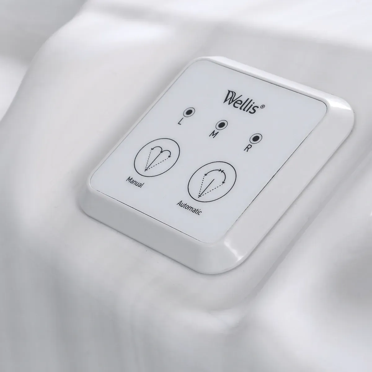 White hot tub control panel with two buttons and indicator lights. The brand 