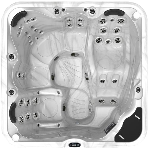 Overhead view of a square hot tub with multiple seating areas and jets, marble-like interior.