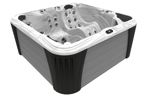 Gray and black hot tub with multiple jet nozzles and built-in controls.