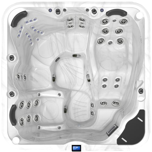 Overhead view of a white, multi-person hot tub with various jet configurations.