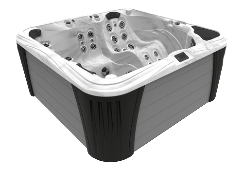 Gray hot tub with white trim, black corner panels, and interior jets.
