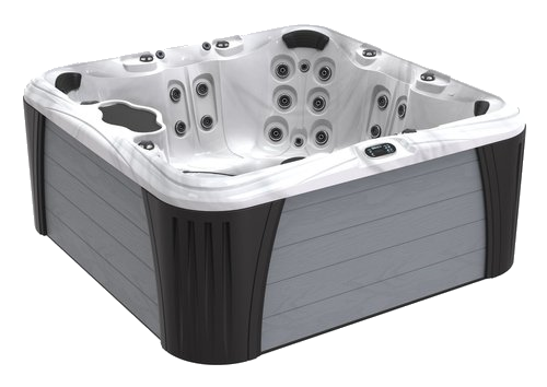 Gray and black rectangular hot tub with various jets.