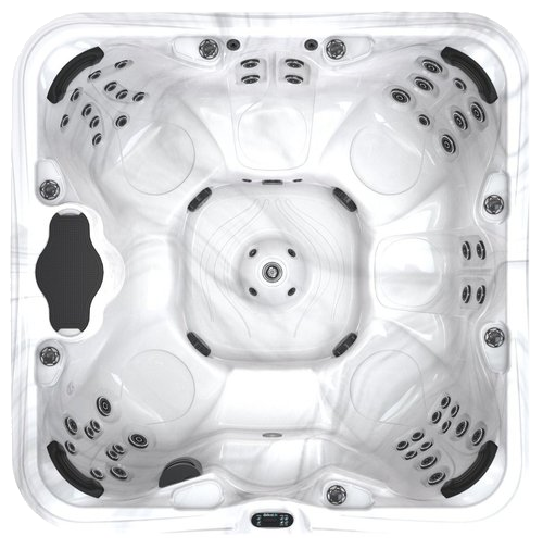 Overhead view of a square hot tub with various jets, seating areas, and a control panel. Marble-like white and gray.