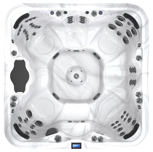 Overhead view of a white, square hot tub with multiple jets and seats.