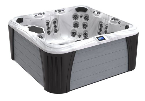 Hot tub, gray and black exterior, seats and jets inside, modern design.