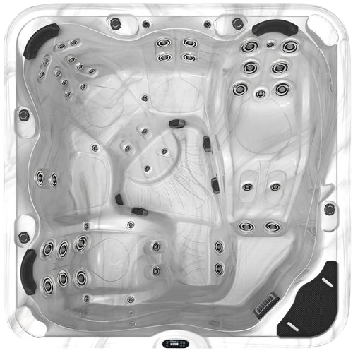 Overhead view of a hot tub with multiple jets, seats, and a marble-like interior and border.