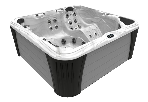 Gray and black hot tub with multiple jets and seating, outdoors.
