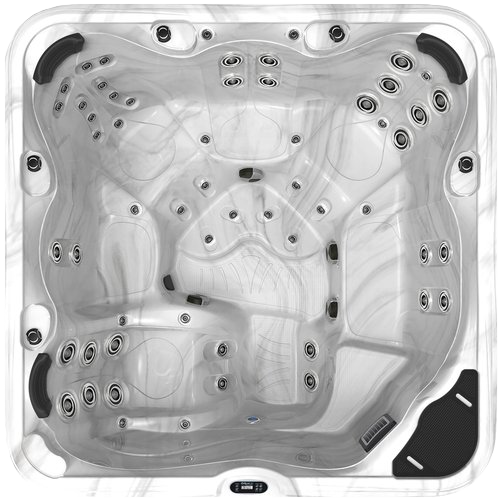 Overhead view of a marbled white hot tub with multiple jet configurations and seating areas.