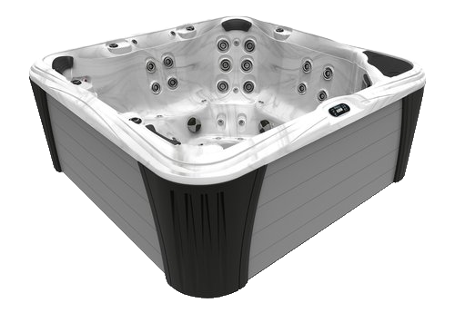 Hot tub with grey exterior, white interior, and multiple jet nozzles.