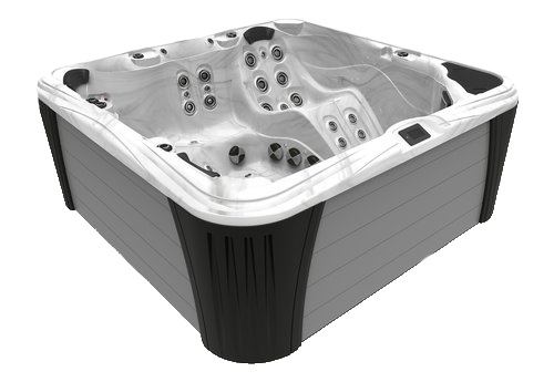 Gray and black hot tub with multiple jet nozzles.