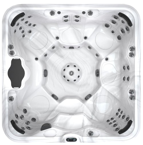 Overhead view of a white, square hot tub with multiple jets and seating areas.