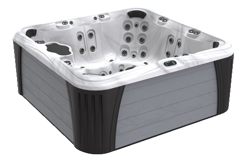 Gray and black hot tub with multiple jets.