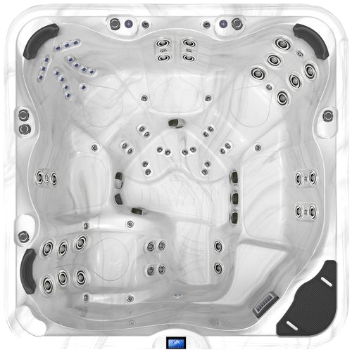 Overhead view of a white, square hot tub with multiple jet placements and seating areas.