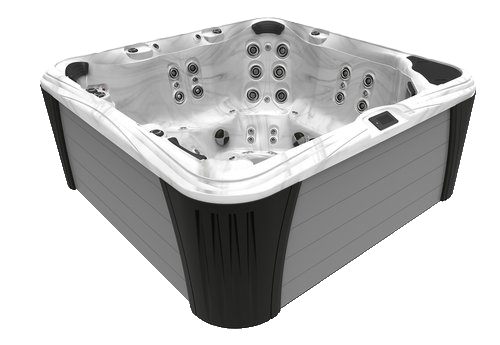 Gray hot tub with white trim, black corner panels, and multiple jet outlets.
