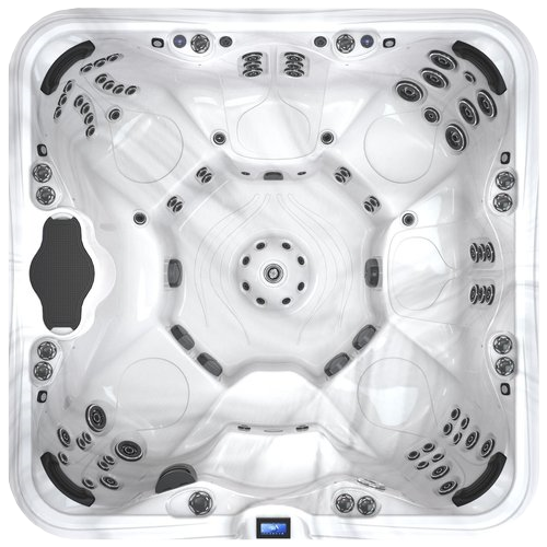 Overhead view of a white, square hot tub with multiple jets, seating areas, and a control panel.