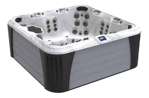 Gray and white hot tub with black trim, multiple jets, digital control panel.