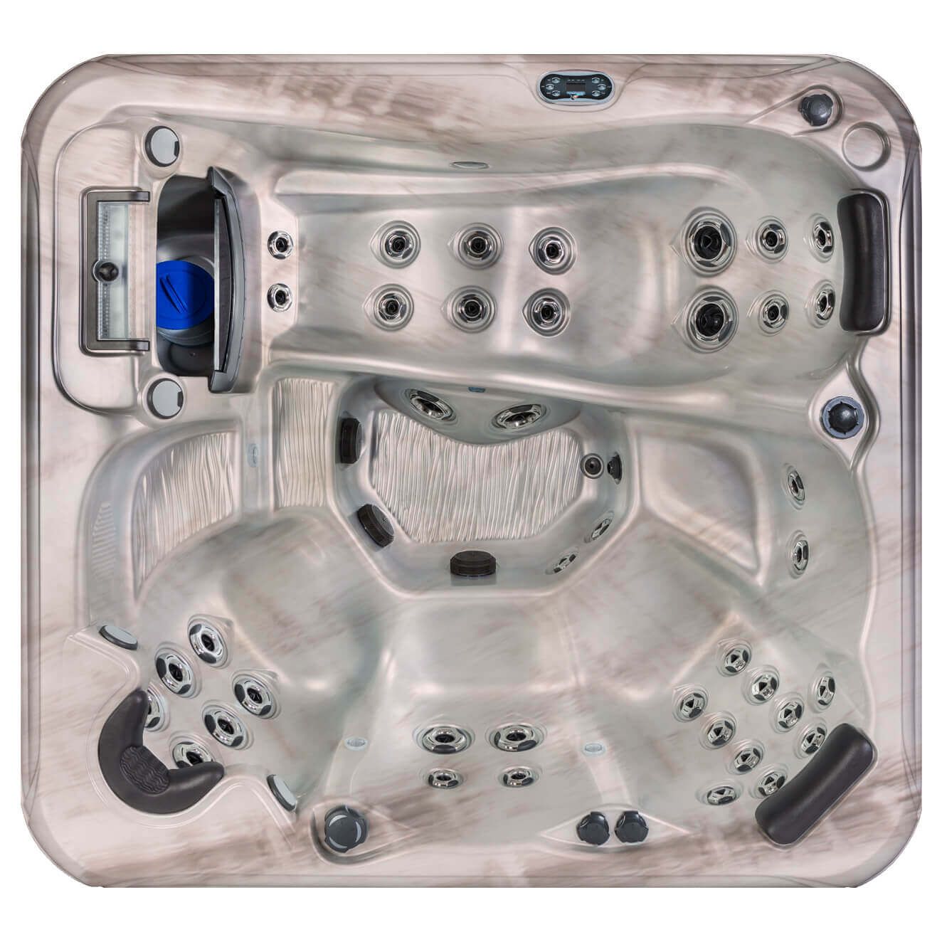 Overhead view of a dual-zone hot tub with multiple jets, in a light gray marbled pattern.