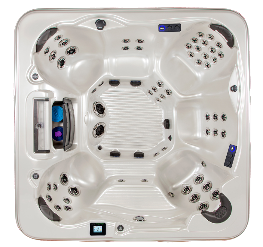 Top-down view of a white, square hot tub with multiple jet seats and a control panel.