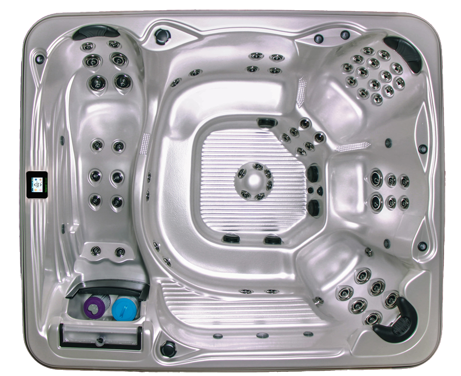 Overhead view of a silver hot tub with multiple seating areas and jets.