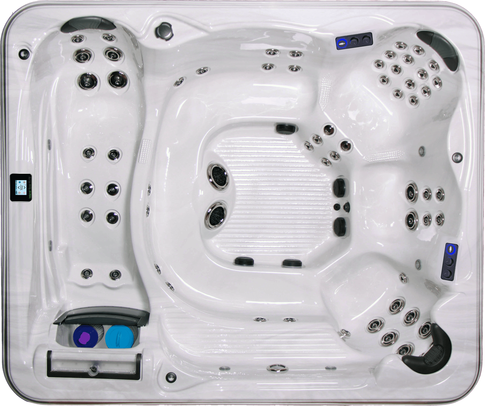 White hot tub with multiple seating areas and jets.